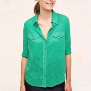 MAEVE ANTHROPOLOGIE GREEN POLKA DOT BUTTON DOWN TOP 0!!